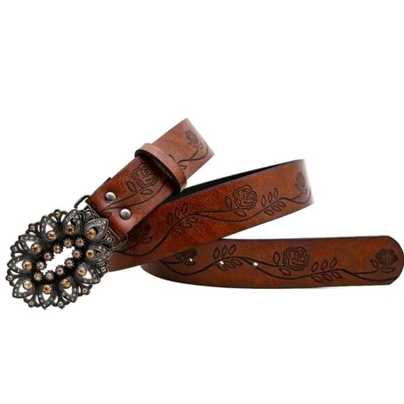 Brown Floral Embossed Vegan Leather Belt with Ornate Buckle Rodeo Style - Picture 3 of 8